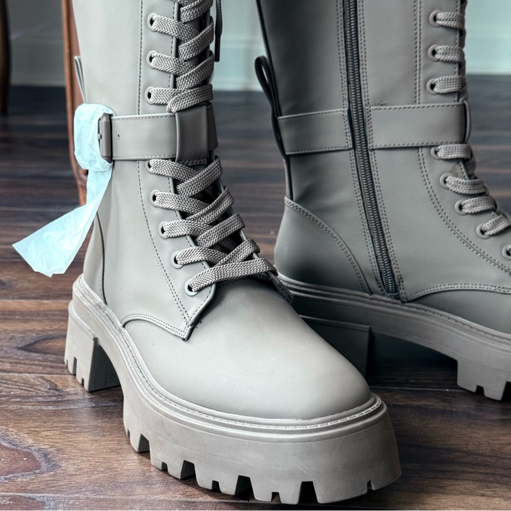ZARA Khaki Military Waxed-Finish Lace-Up Boots Size 38 (US 7.5) NWT - Picture 5 of 10